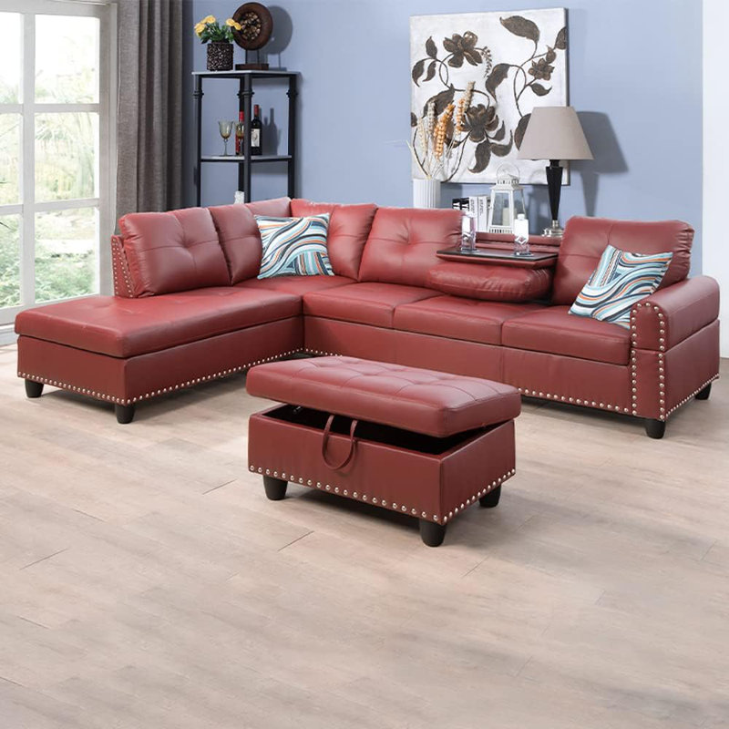 Canapé modulaire en cuir synthétique 3 pièces, Similicuir rouge