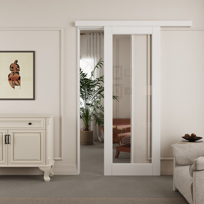 80" Hidden Style Track White Primed 1-Lite Clear Glass Sliding Barn Door With Hardware Kit(No Assembly Required)