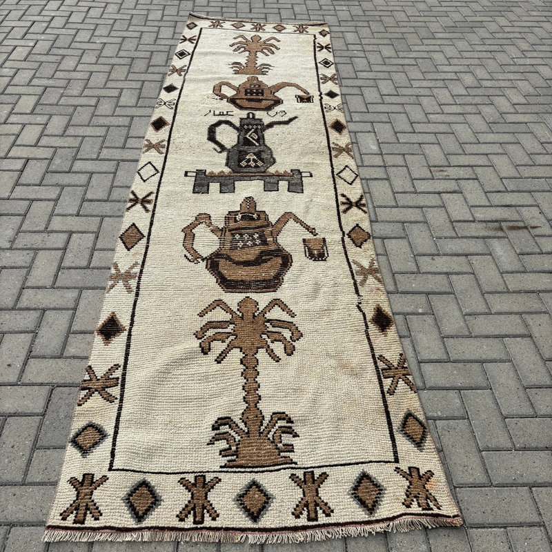 3.2x11.2 Ft Beige Wool Patchwork Runner Rug, Traditional Vintage Modern