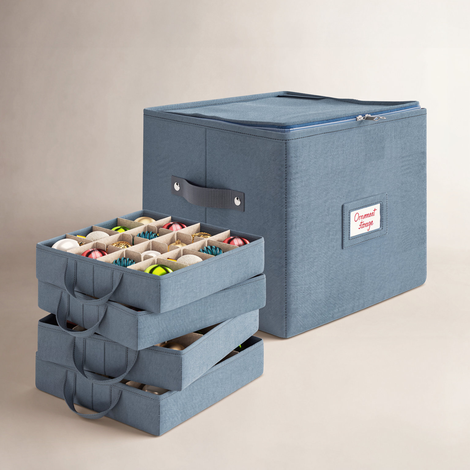 Fabric Ornament Storage Box with Dividers, 13" H x 13" W x 13" D