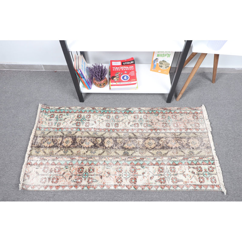 Vintage Turkish Anatolian Patchwork Small Wool Rug Ideal For Bathroom In Beige Oushak Style