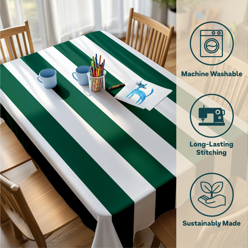 Caius Cabana Stripe Rectangular Washable Polyester Tablecloth for Dining Linen, Forest / White