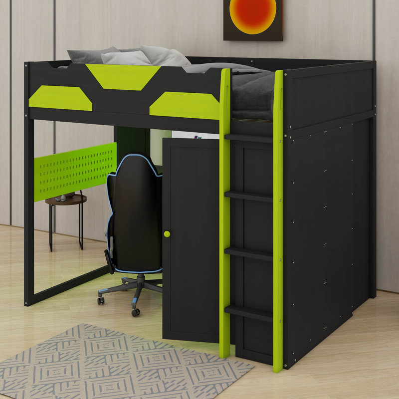 Lit mezzanine double en bois avec bureau, tablettes multiples, lumière USB et RVB, Vert
