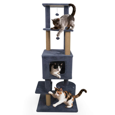 Arbre à chat 64 po avec 2 grands condos, poteaux à griffer en jute et perchoir supérieur gris foncé