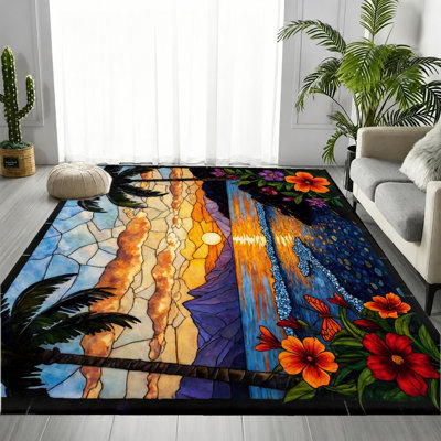 Stained Glass Tropical Sunset Beach Area Rug, Vivid Palm Tree Ocean Landscape Pattern, Soft Durable, Machine Washable Non-Slip Floor Carpet, Stylish Indoor Home Decor for Living Room, Bedroom, Entryway, Kitchen, Apartment