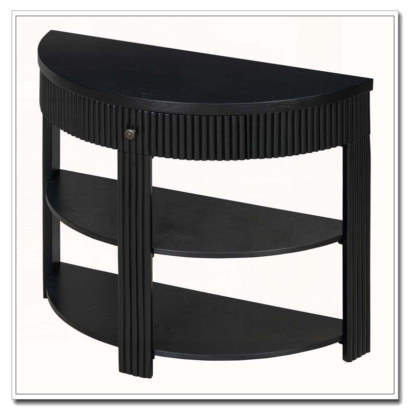 Console cannelée demi-lune avec tiroir et tablettes, Black