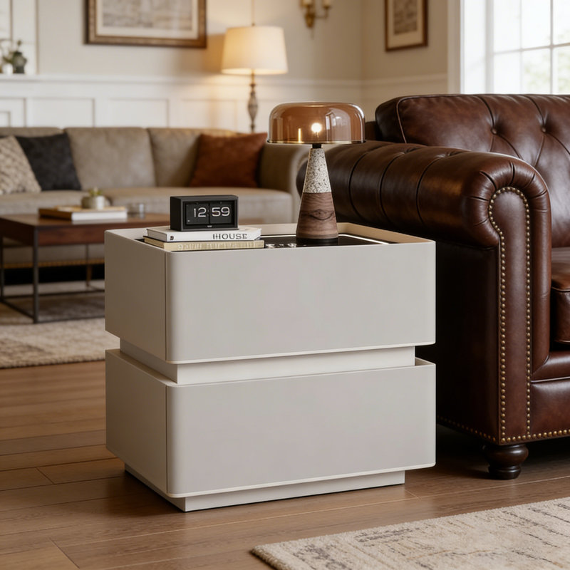 Modern Smart 2 - Drawer Nightstand With Wireless Charging, 3-color Led Lights Light Gray Solid Wood Bedside Table