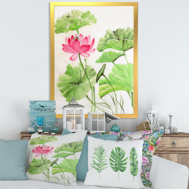Lotus And Dragonfly - Painting on Canvas, Gold Framed Canvas, 40" H x 30" W x 1.5" D