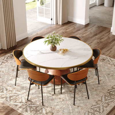 7Pcs Walnut Solid Wood Dining Set For 4/6/8/10 - Thicken 1.2Inch Sintered Stone Tabletop With Protective Golden Edge + Black/Beige Big Chairs
