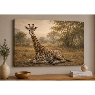 Grande girafe au repos au repos, reproduction d'art sur toile 24 x 36 pouces, faune neutre, décor, salon, chambre à coucher, chambre à coucher, décoration de maison moderne - prête à être accrochée