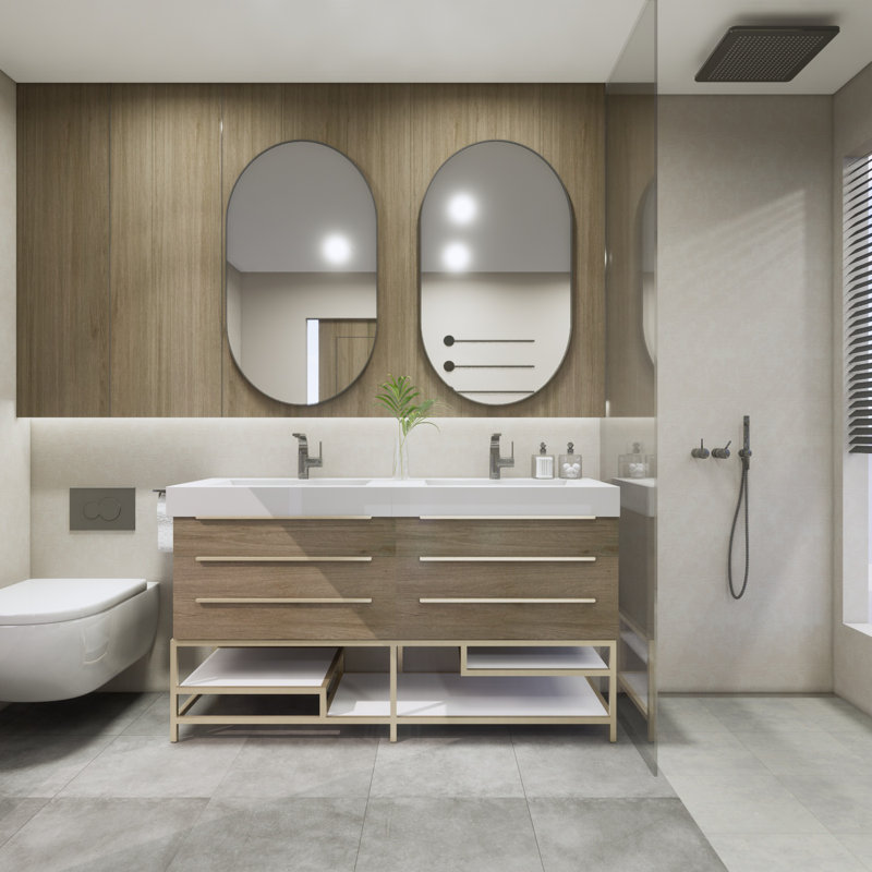 Meuble-lavabo autoportant double en acrylique renforcé 30 po + 30 po Noble, Chêne clair