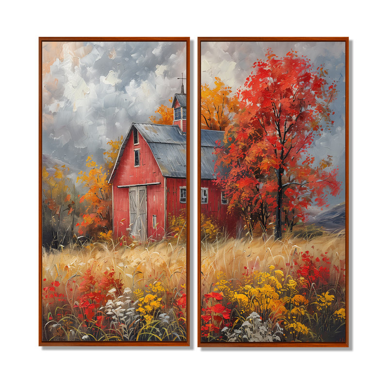 Autumn Red Barn Breeze I - Art mural traditionnel rouge 2 pièces, 20" H x 24" W, Impression encadrée flottante, Brown
