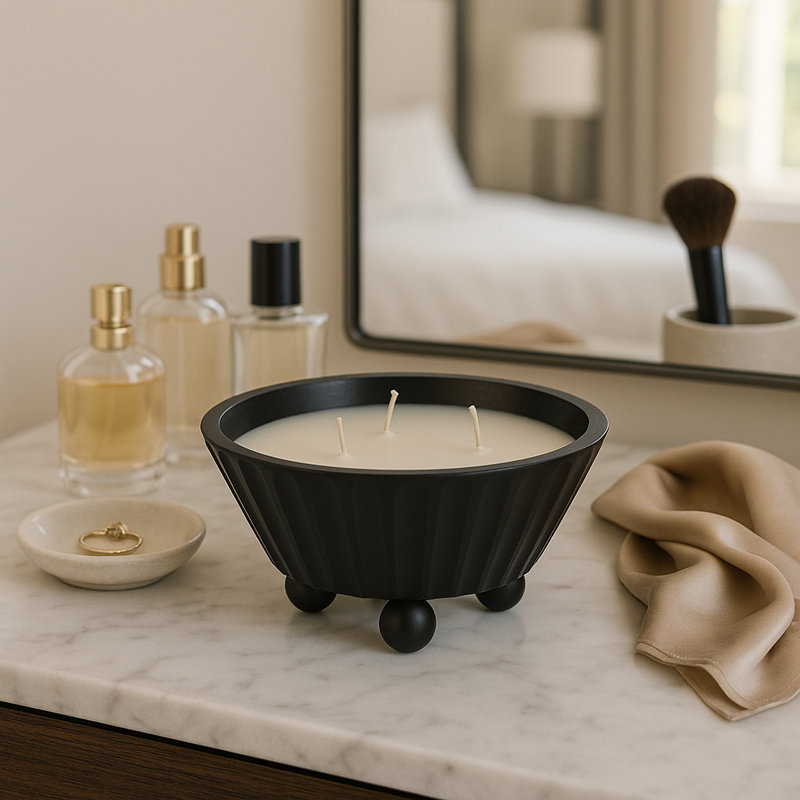 9" W Mango Wood Bowl Scented Candle, Black