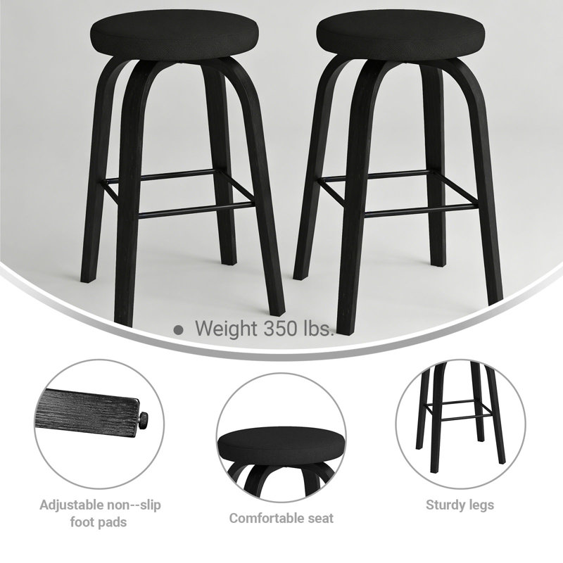 26″ Bar Stools,Mid-Century Modern Swivel Upholstered Counter Stool with Soild Wood Leg Frame, Black