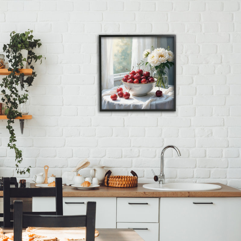 Giclée encadrée cerises et fleurs, H 17 po x l 17 po, Giclée encadrée noir minuit