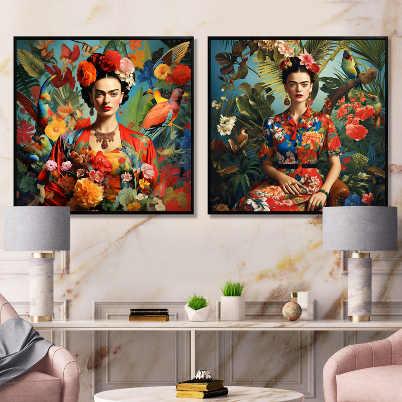 Ensemble de 2 reproductions d'art sur toile colorées Frida, Cadre flottant noir, H 36 po x l 73 po x P 1,5 po