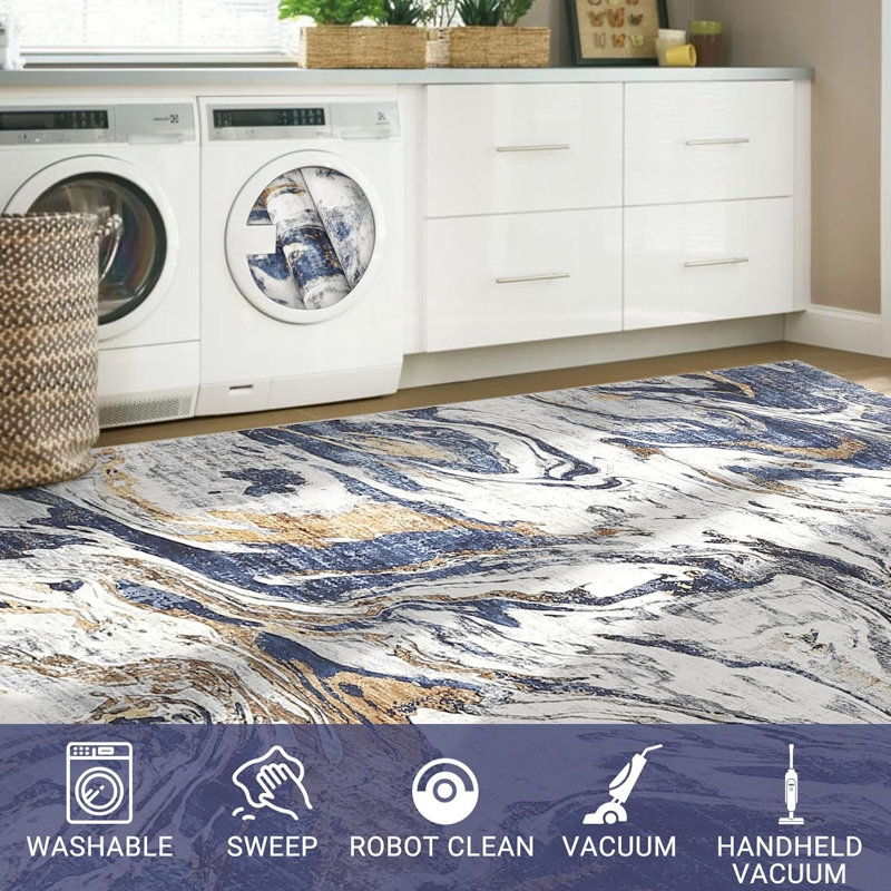 Machine Washable Rug – Non-Slip Low Pile Foldable Soft Modern Abstract Carpet for Entryway Bathroom Laundry Room Blue.
