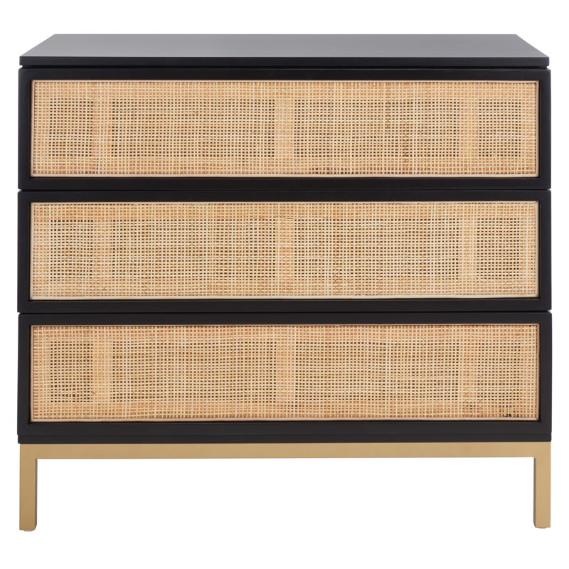 Black and Natural Rattan 3-Drawer Chest with Gold Legs
