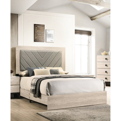 Grand lit de style classique, crème et gris, sommier requis, cadre de chambre à coucher contemporain crème, tête de lit, bois d'hévéa