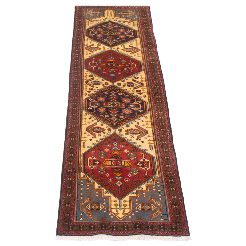 Tapis de couloir unique en laine noué à la main de style nouvel âge 2 pi 4 po x 9 pi 4 po Jesse-James crème / rouge / bleu marine foncé