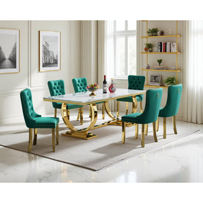 Luxury 68" Dining Table Set for, White Faux Marble Dining Table with Velvet Dining Chairs, Modern Kitchen Table and Chairs Set, Luxury Dining Table Set for Kitchen Dining