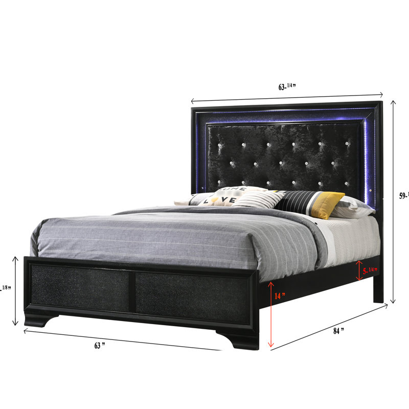Queen Size Led Panel Bed With Modern Upholstered Headboard And Faux Diamond Tufting Black Support Legs Crystals