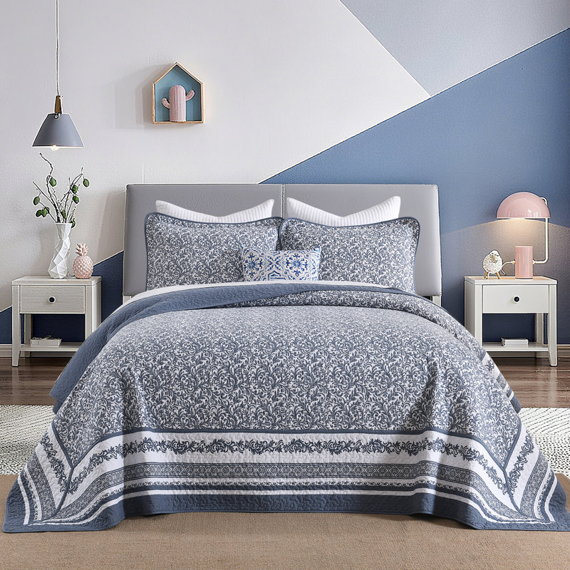 100% Cotton 128" x 120" 3-Piece Oversized Reversible Bedspread Set, Oversized King Bedspead + 2 Pillow Shams