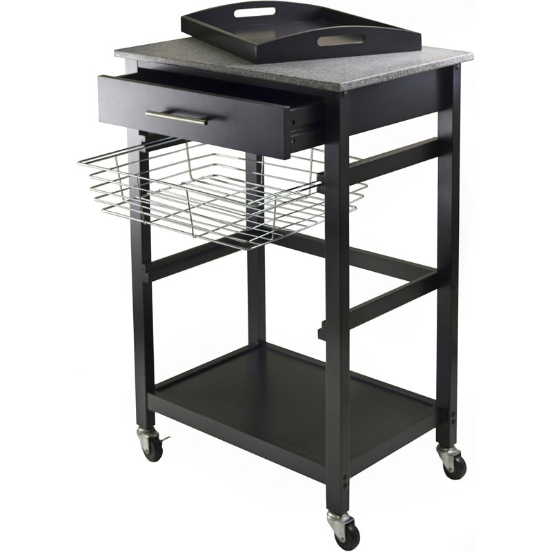 Utility Cart With Granite Top, Foldable Metal Basket, And Removable Tray For Versatile Storage