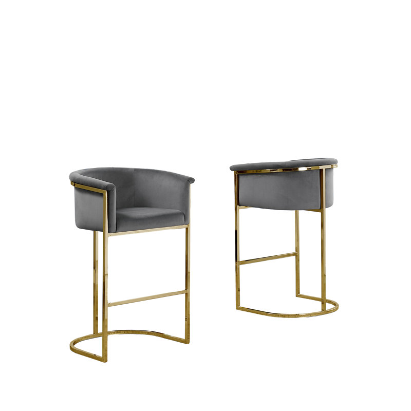 Maebelle Velvet Barstool 29" (Single Chair), Dark Gray , Gold