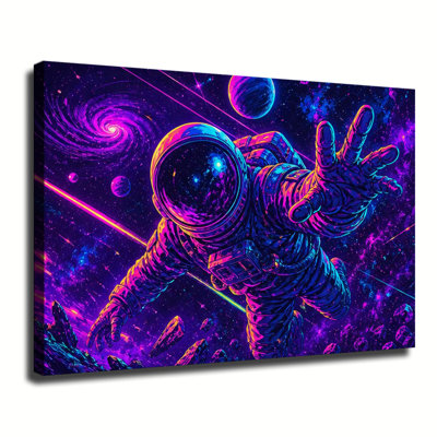 astronaute néon tendant la main dans une galaxie spatiale psychédélique, toile murale rétro de science-fiction pour la décoration murale d'une salle de jeux