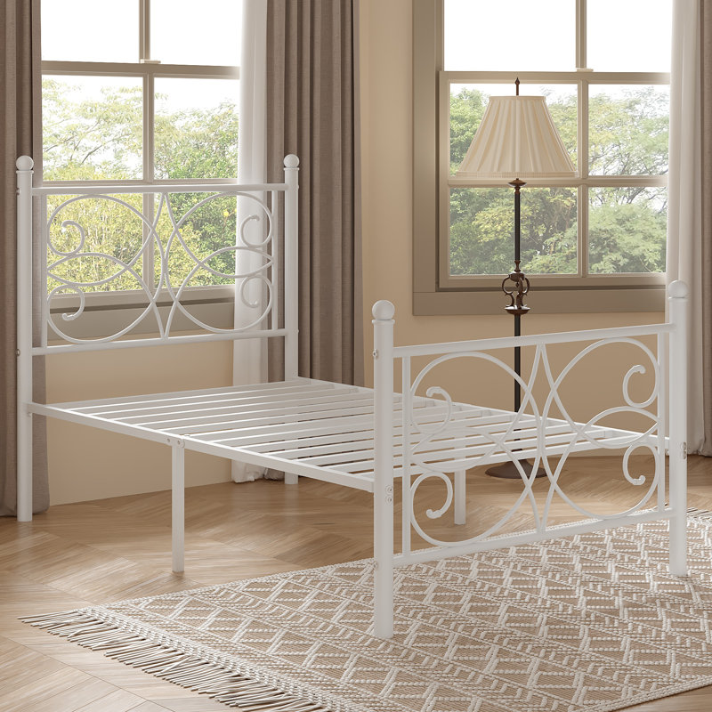 White Twin Size Metal Bed Frame with Headboard and Footboard, Victorian Butterfly Platform Bedframes, Heavy Duty Platform Storage Bed, Noise-Free Slatted Base
