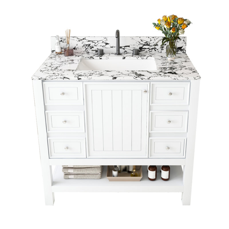 Ensemble de meuble-lavabo moderne 37 "avec plateau blanc, armoire de salle de bain multifonctionnelle avec portes et tiroir, avec 3 tiroirs et une armoire de rangement, structure solide et panneau de fibres à densité moyenne (trois trous de robinet)
