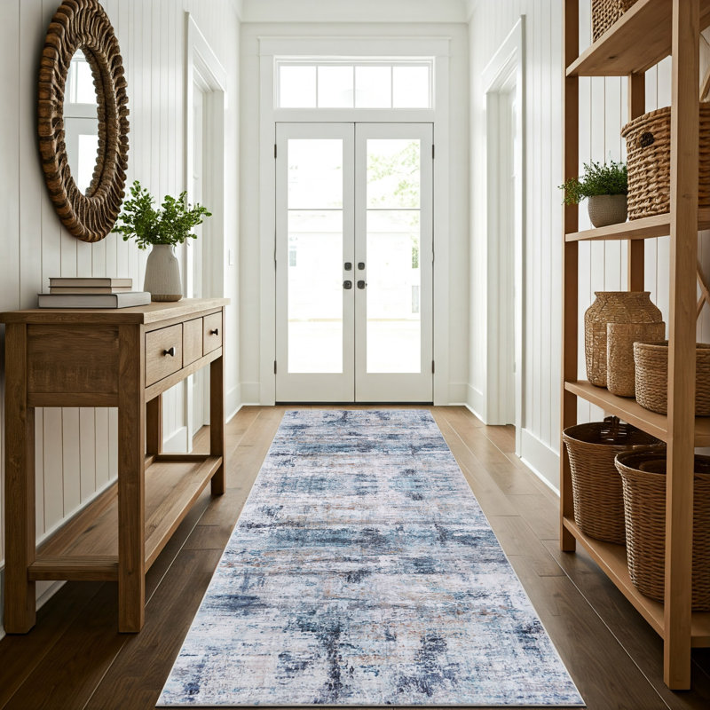 Bungalow Rose Blue/White Abstract Machine Washable Area Rug – Non-Slip, Stain Resistant, GRS Certified, for Bedroom, Living & Dining