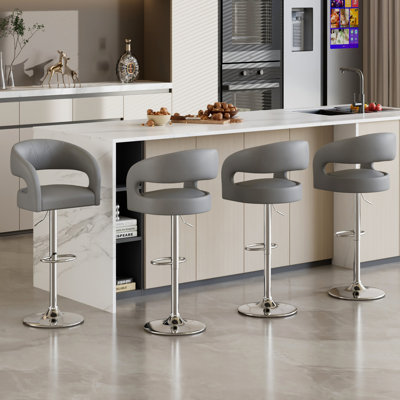 George Set of 4 Adjustable Bar Stools with Backs Arms, Modern PU Leather Swivel Counter Height Stools with Footrest, Kitchen Island Chairs for Dining Room, Home Bar, Cafe, Gray