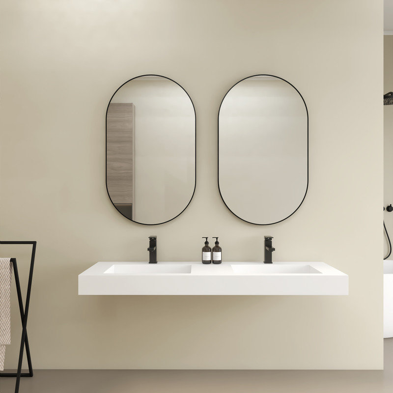 Lavabo de salle de bain mural 59 "à double cuve rectangulaire à surface solide avec trou pour robinet 59"