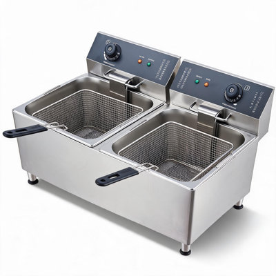 Friteuse professionnelle double Enjyam 11 L - Deux cuves en acier inoxydable 304 - Puissance de chauffe de 3400 W (2 x 1700 W) - Paniers de filtration d'huile extra larges et couvercles - Pied long de 11+11 L - Revêtement intérieur en acier inoxydable 304