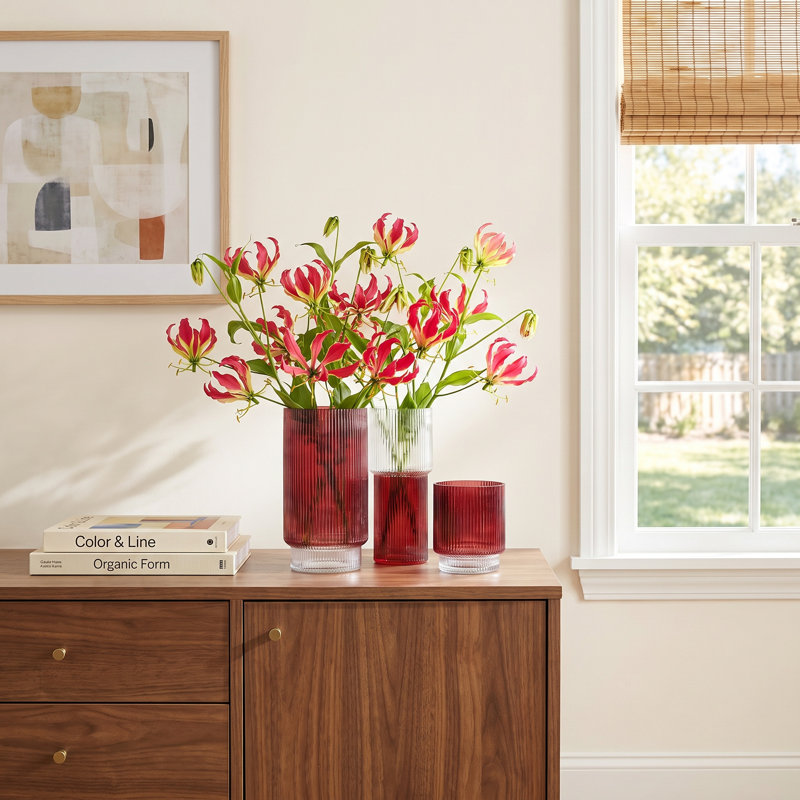 Zinc Fluted Glass Vase, Cranberry