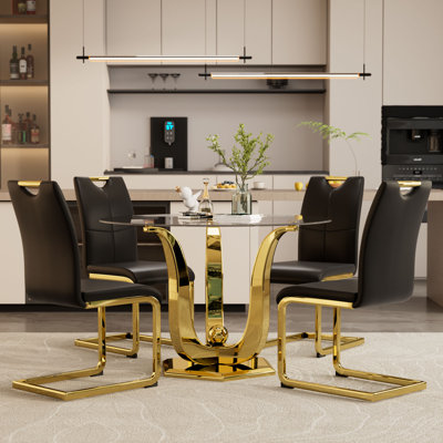38.9" Round Glass Dining Table Set For 4, Tempered Glass Kitchen Table With Gold Stainless Steel Base & 4 PU Leather Chairs, Space Saving for Dining&Living&Bed room