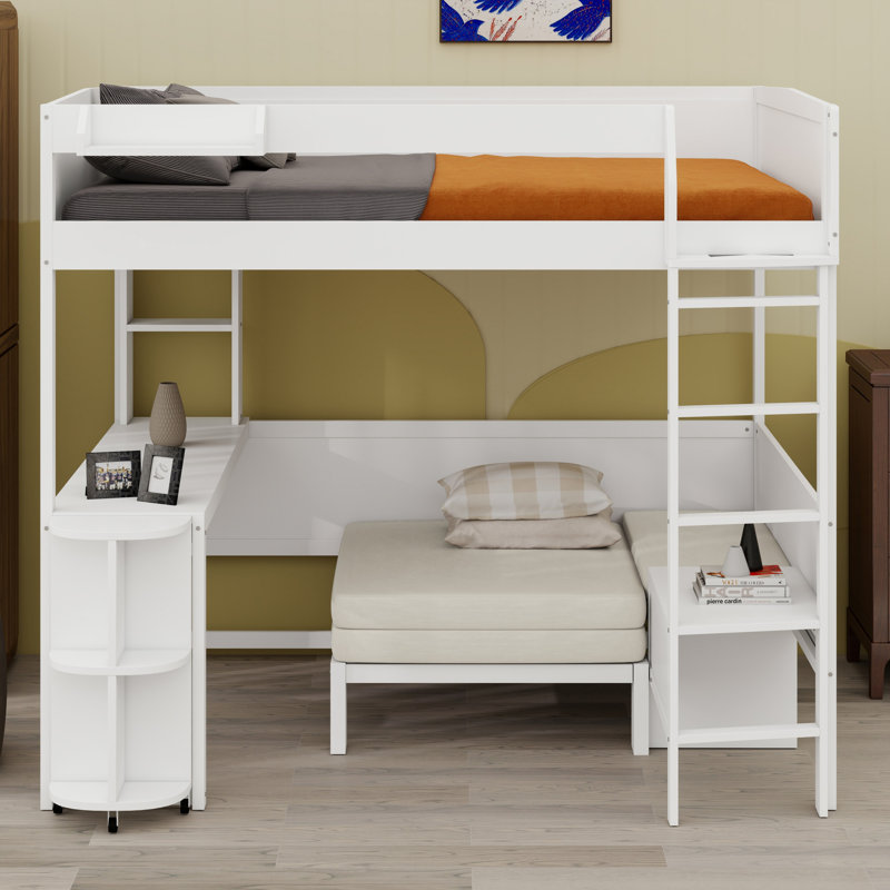 Lit mezzanine peu encombrant avec bureau et coin canapÃ© intÃ©grÃ©, White