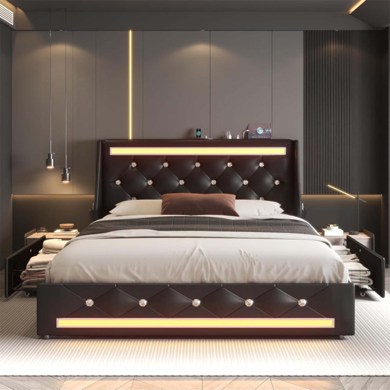 Structure de lit tapissier à oreilles de luxe avec rangement, lumières DEL et station de charge pour les chambres modernes