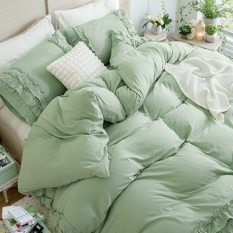 Ensemble d'édredon à volants Sage Green King, Vert, Édredon très grand et 2 taies d'oreiller