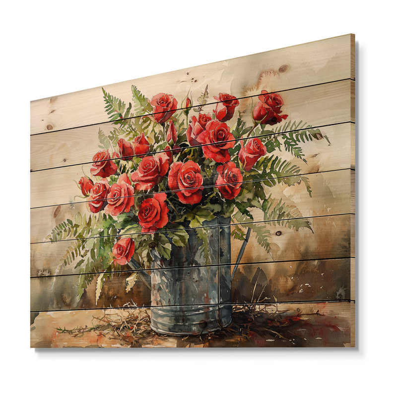 Bouquet de roses dans un vase de ferme I - décoration murale en bois de roses - sur bois de pin naturel