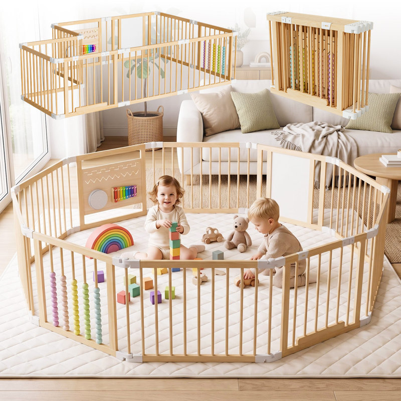 Parc pour bébé et tout-petit, centre d'activités pour bébé en bois réglable et pliable, 24" H x 63" W x 63" D