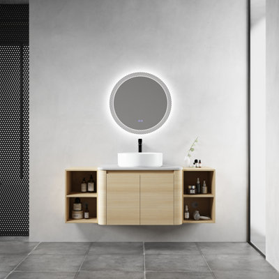 Meuble-lavabo de 137 cm (54 po) avec lavabo en céramique décorative, 2 étagères de rangement, portes à fermeture amortie, emballage démontable, contreplaqué – conception compacte, utilisation silencieuse et spacieuse, grande capacité