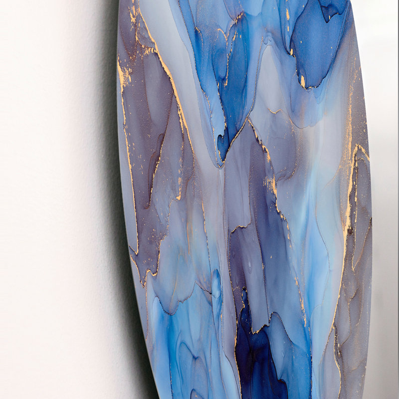 Bleu et gris, art abstrait fluide de luxe III - cercle moderne en métal, art mural, H 36 po x l 36 po x P 1 po