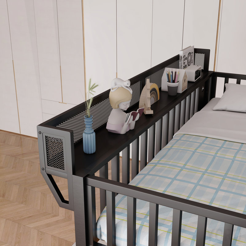 Lit mezzanine double avec support de rangement à 4 tablettes et station de charge, lit mezzanine double en métal avec rangement pour escaliers pour enfants adolescents, produits brevetés, noir