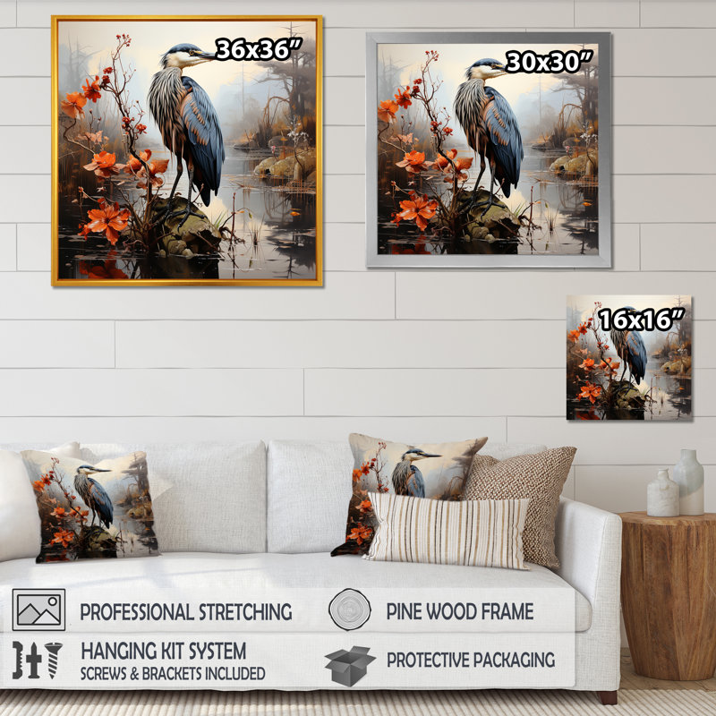 Décoration murale héron gris et bleu à l'étang I - Héron, Cadre simple argenté, H 16 po x l 16 po x P 1 po