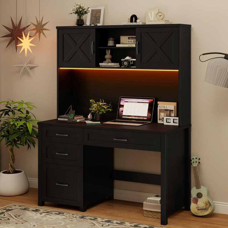 Bureau double caisson Farmhouse, Noir / Noir