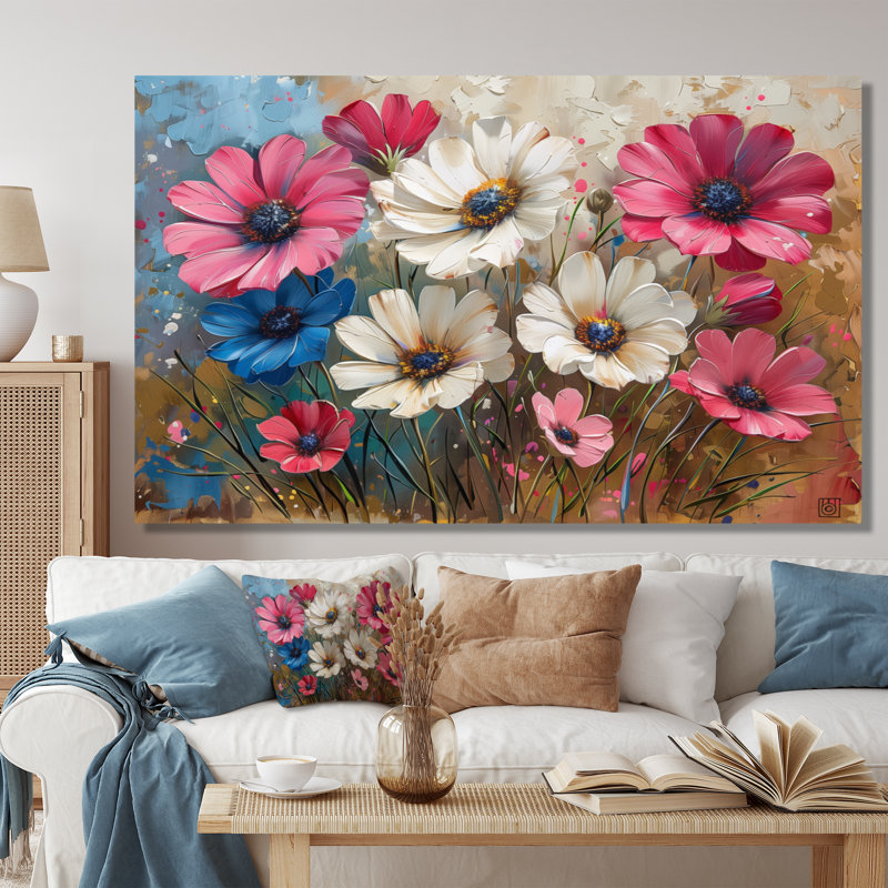 Rose et blanc, floraison des bleuets, Beauties I - Art mural, bleuet, salon, Toile tendue, H 40 po x l 60 po