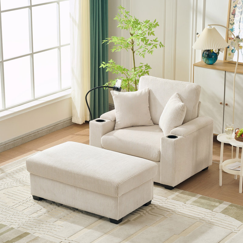 Chaise longue d'intérieur avec repose-pieds et rangement, Beige